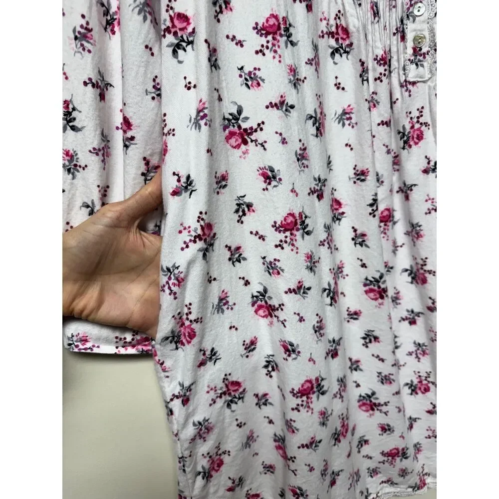 EILEEN WEST Cotton/Rayon Flannel Pintuck Lace Trim Long Sleeve Nightgown, Sz M
